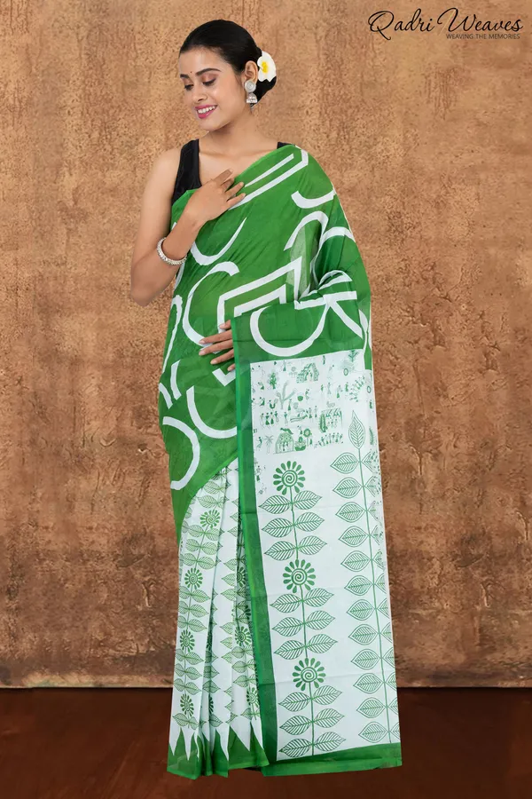 Printed_Forest_Green_Ancient_Civilizations_&_Flower_Design_Pure_Mulmul_Saree_With_Blouse
