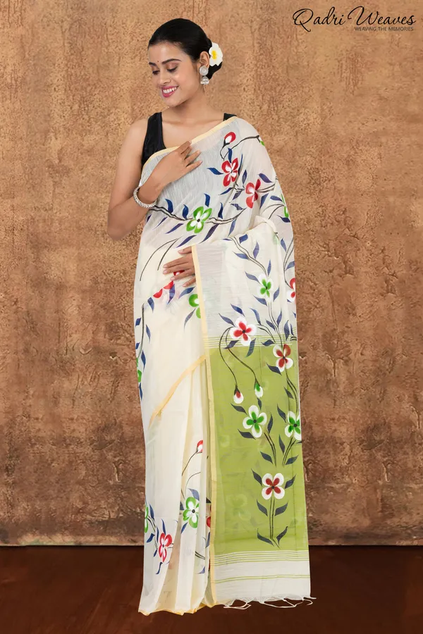Printed_Ivory_&_Pistachio_Flower_Design_Slab_Cotton_Saree_With_Blouse