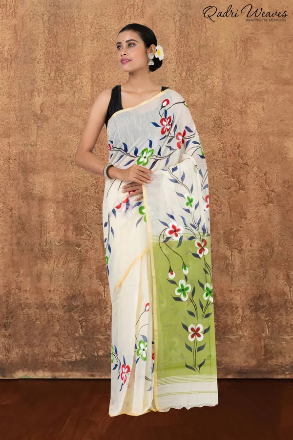 Printed_Ivory_&_Pistachio_Flower_Design_Slab_Cotton_Saree_With_Blouse