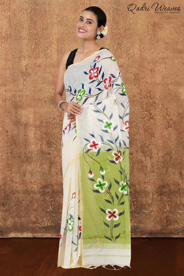 Printed_Ivory_&_Pistachio_Flower_Design_Slab_Cotton_Saree_With_Blouse