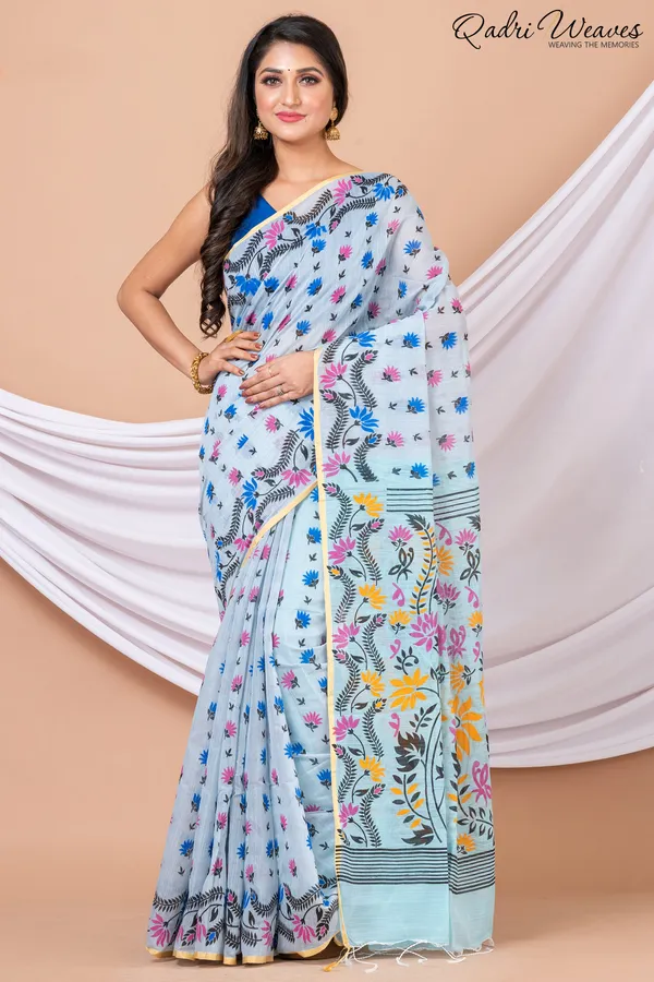 Printed_Light_Blue_Cotton_Silk_Flower_Design_Saree