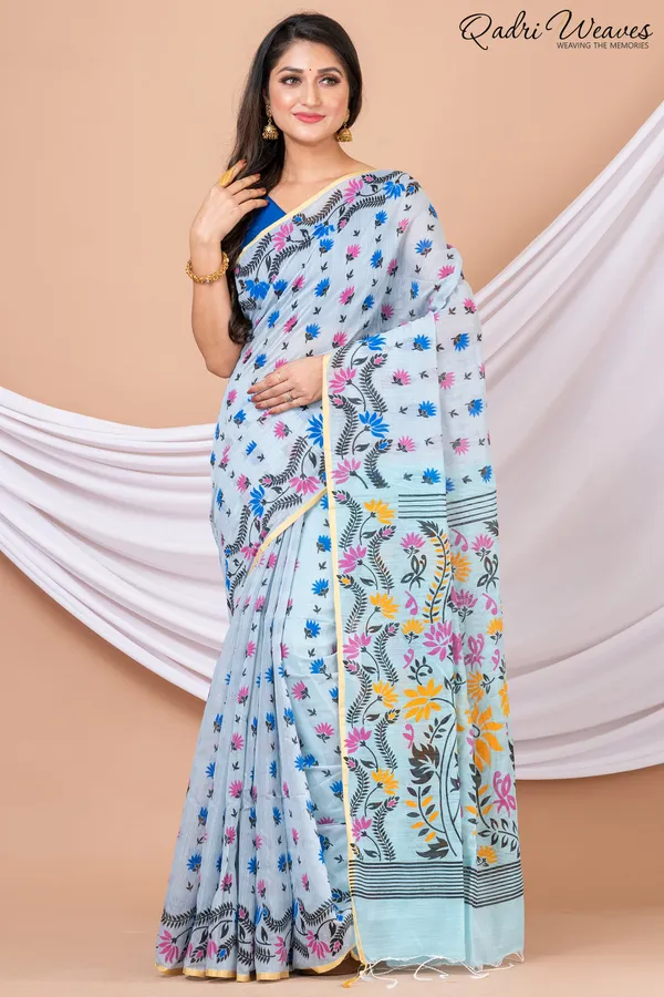 Printed_Light_Blue_Cotton_Silk_Flower_Design_Saree
