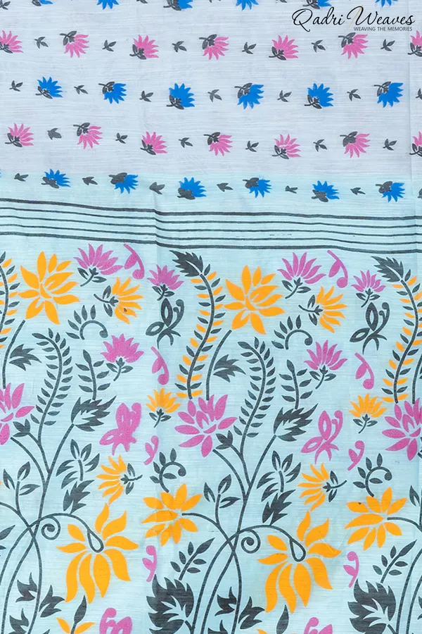 Printed_Light_Blue_Cotton_Silk_Flower_Design_Saree