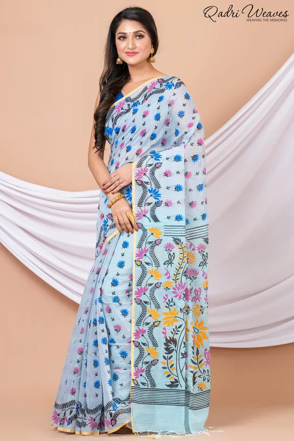 Printed_Light_Blue_Cotton_Silk_Flower_Design_Saree