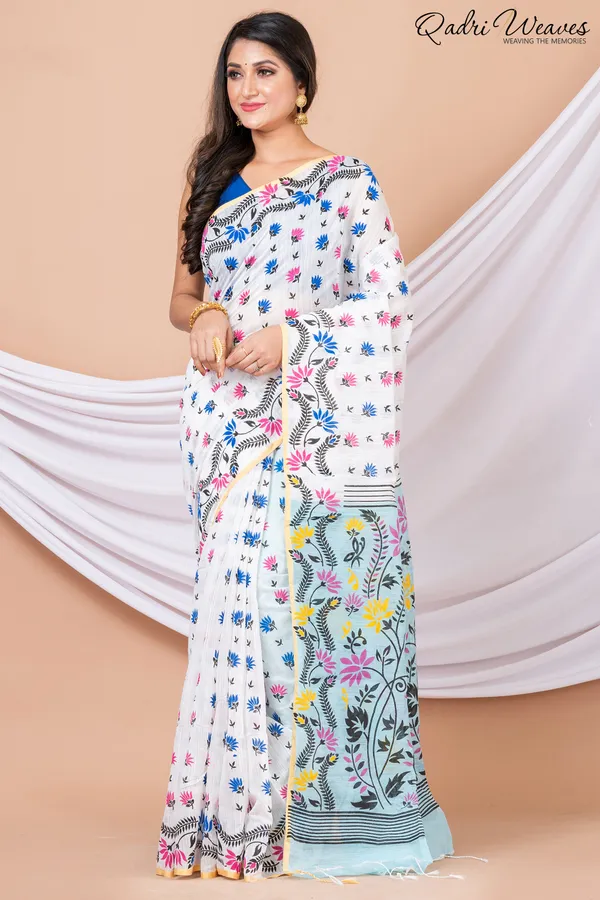 Printed_Off_White_Cotton_Silk_Flower_Design_Saree