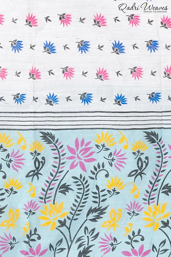 Printed_Off_White_Cotton_Silk_Flower_Design_Saree