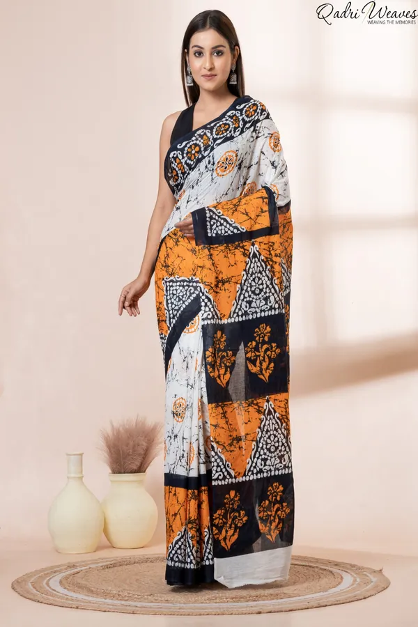 Printed_Orange_&_Black_Flower_Design_Pure_Mulmul_Saree_With_Blouse