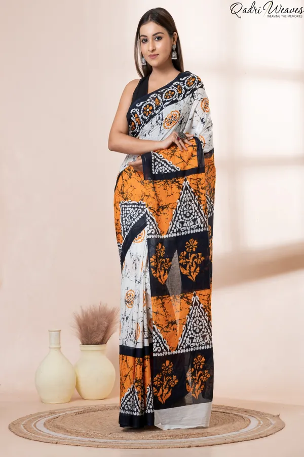 Printed_Orange_&_Black_Flower_Design_Pure_Mulmul_Saree_With_Blouse