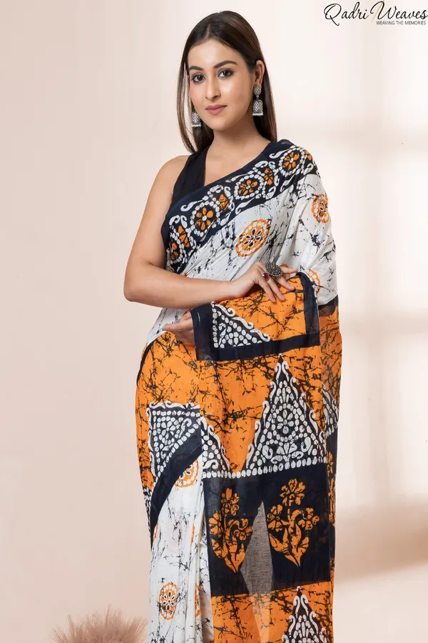Printed_Orange_&_Black_Flower_Design_Pure_Mulmul_Saree_With_Blouse