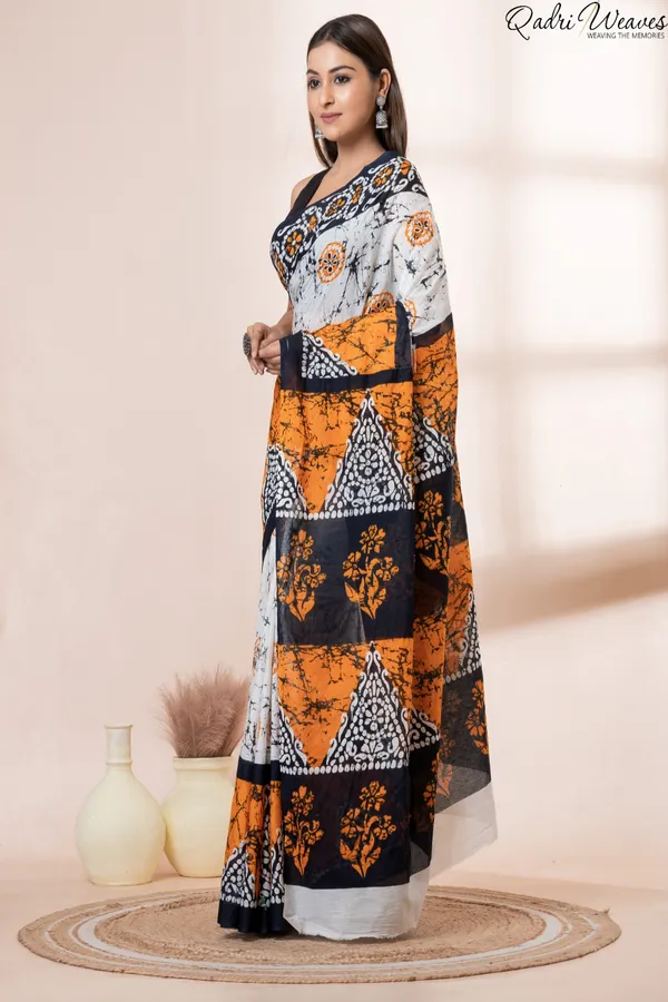 Printed_Orange_&_Black_Flower_Design_Pure_Mulmul_Saree_With_Blouse
