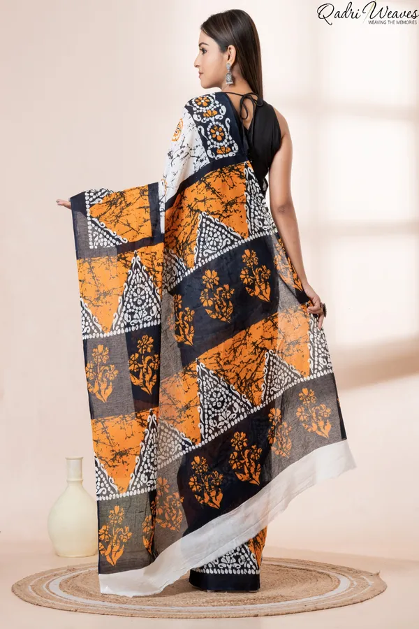 Printed_Orange_&_Black_Flower_Design_Pure_Mulmul_Saree_With_Blouse