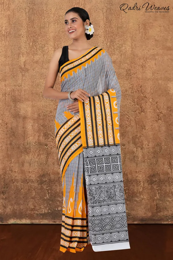 Printed_Orange_Ikat_Design_Pure_Mulmul_Saree_With_Blouse
