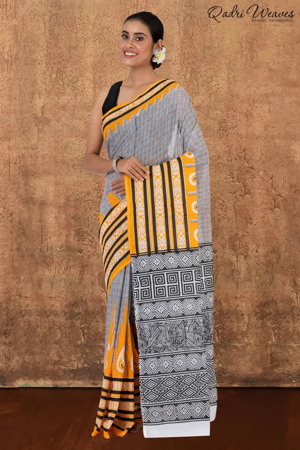 Printed_Orange_Ikat_Design_Pure_Mulmul_Saree_With_Blouse
