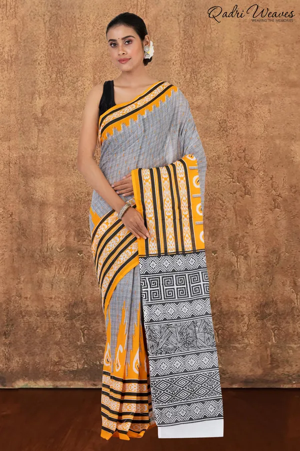 Printed_Orange_Ikat_Design_Pure_Mulmul_Saree_With_Blouse