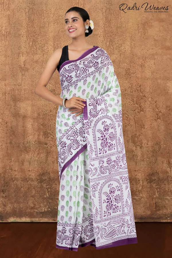 Printed_Purple_&_Green_Flower_Design_Pure_Mulmul_Saree_With_Blouse