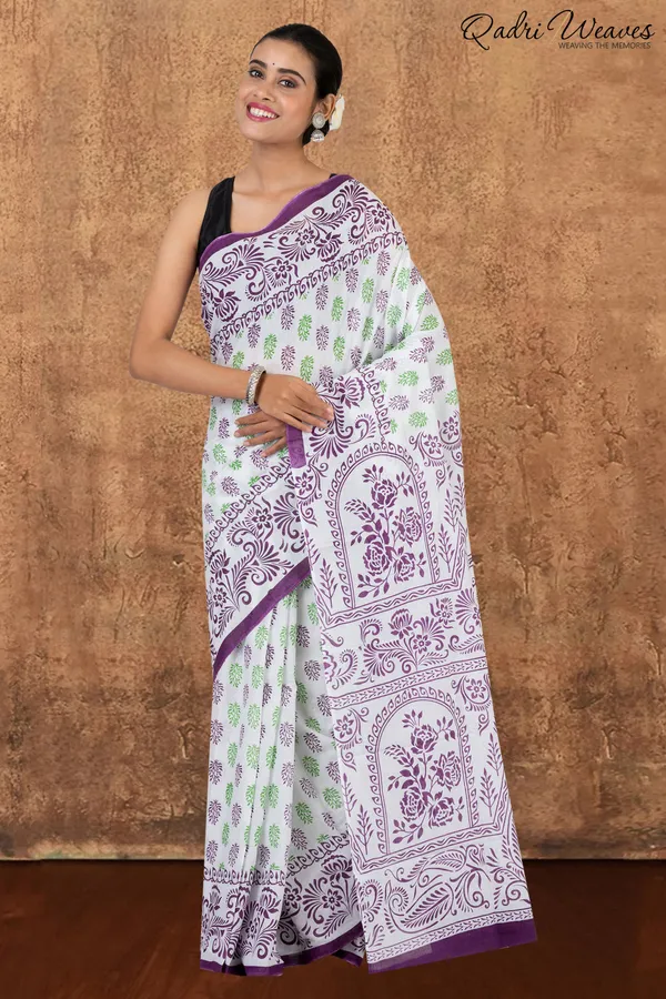 Printed_Purple_&_Green_Flower_Design_Pure_Mulmul_Saree_With_Blouse