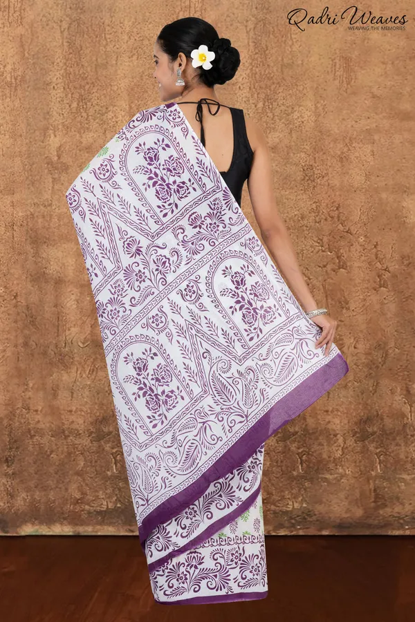 Printed_Purple_&_Green_Flower_Design_Pure_Mulmul_Saree_With_Blouse