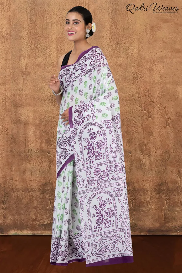 Printed_Purple_&_Green_Flower_Design_Pure_Mulmul_Saree_With_Blouse