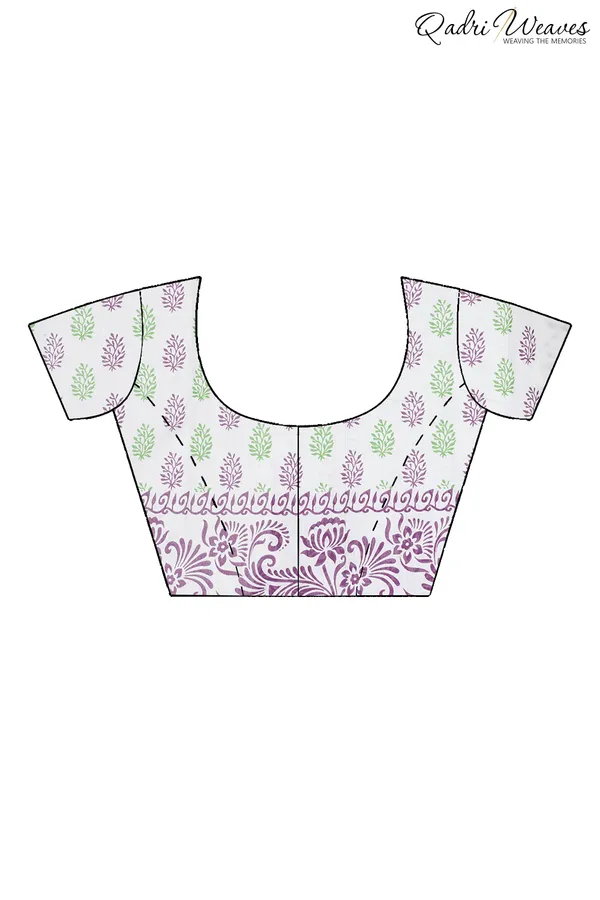 Printed_Purple_&_Green_Flower_Design_Pure_Mulmul_Saree_With_Blouse