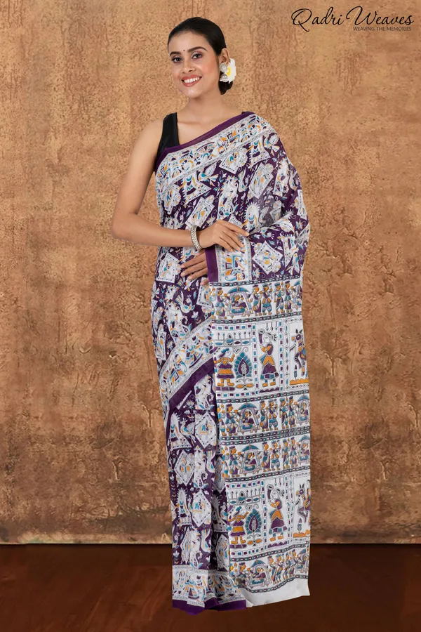 Printed_Purple_Indian_Procession_Design_Pure_Mulmul_Saree_With_Blouse