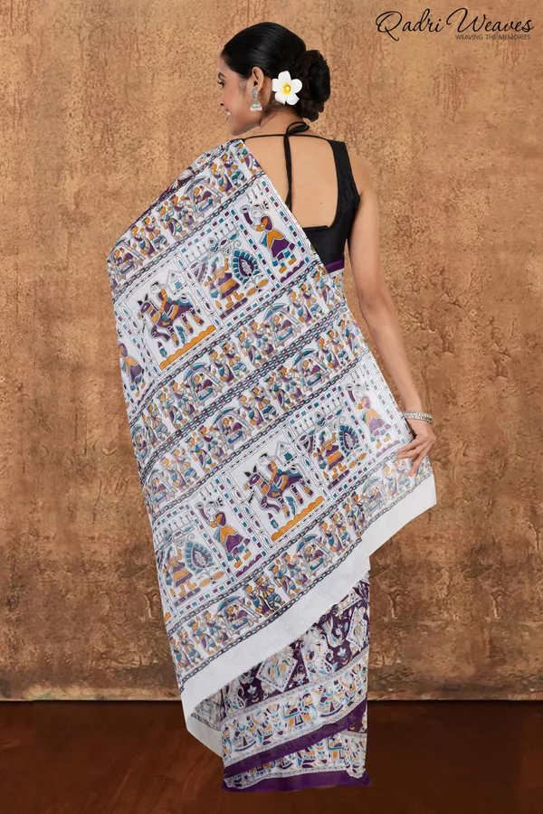 Printed_Purple_Indian_Procession_Design_Pure_Mulmul_Saree_With_Blouse