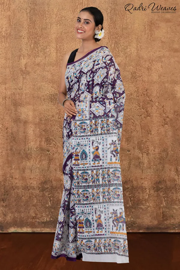 Printed_Purple_Indian_Procession_Design_Pure_Mulmul_Saree_With_Blouse