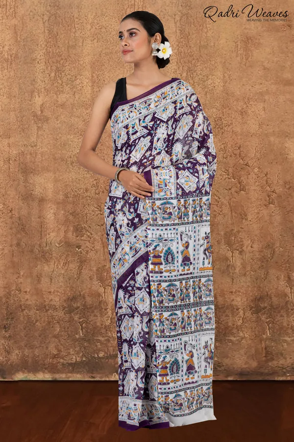 Printed_Purple_Indian_Procession_Design_Pure_Mulmul_Saree_With_Blouse