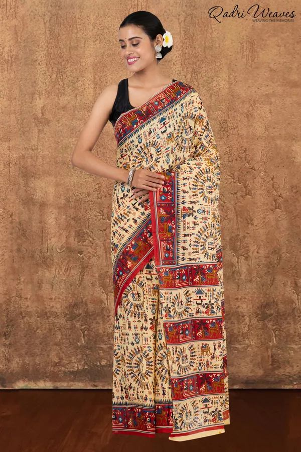 Printed_Red_&_Ivory_Ancient_Civilizations_Design_Pure_Mulmul_Saree_With_Blouse