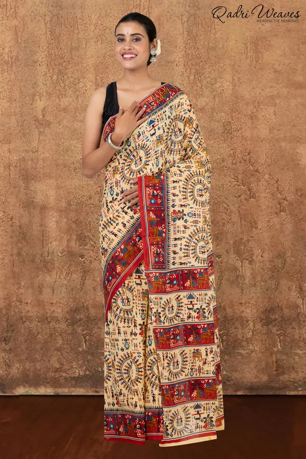Printed_Red_&_Ivory_Ancient_Civilizations_Design_Pure_Mulmul_Saree_With_Blouse