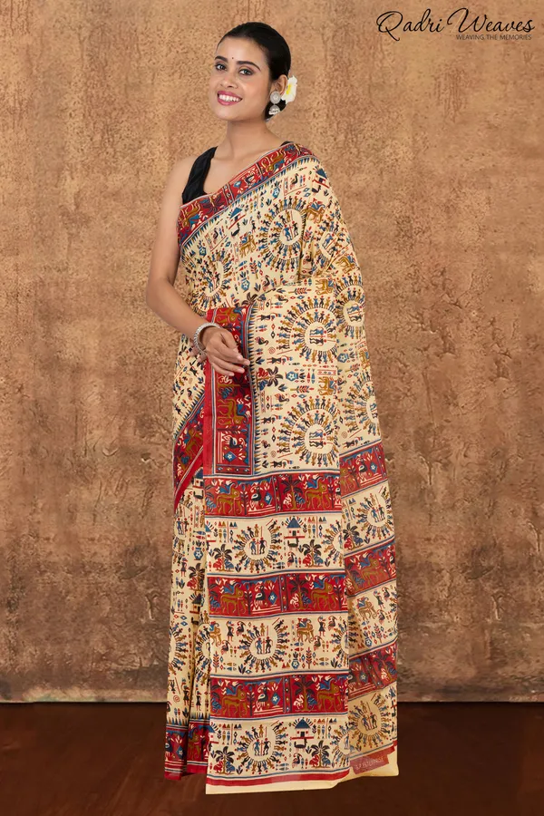 Printed_Red_&_Ivory_Ancient_Civilizations_Design_Pure_Mulmul_Saree_With_Blouse