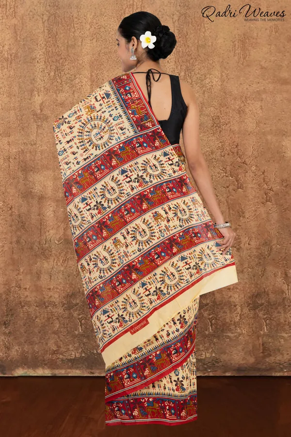Printed_Red_&_Ivory_Ancient_Civilizations_Design_Pure_Mulmul_Saree_With_Blouse