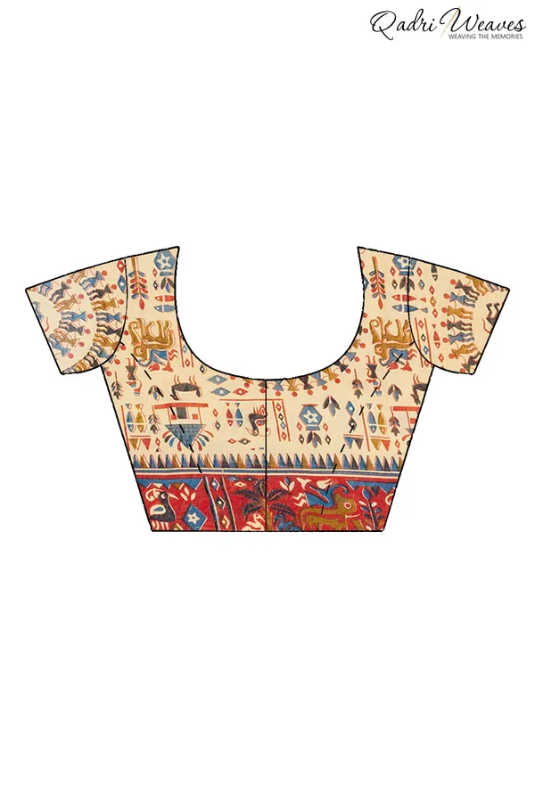 Printed_Red_&_Ivory_Ancient_Civilizations_Design_Pure_Mulmul_Saree_With_Blouse