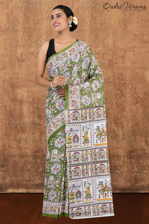 Printed_Sheen_Green_Indian_Procession_Design_Pure_Mulmul_Saree_With_Blouse