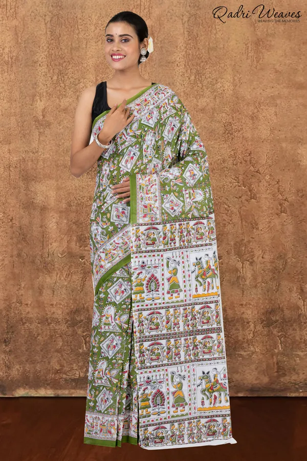 Printed_Sheen_Green_Indian_Procession_Design_Pure_Mulmul_Saree_With_Blouse