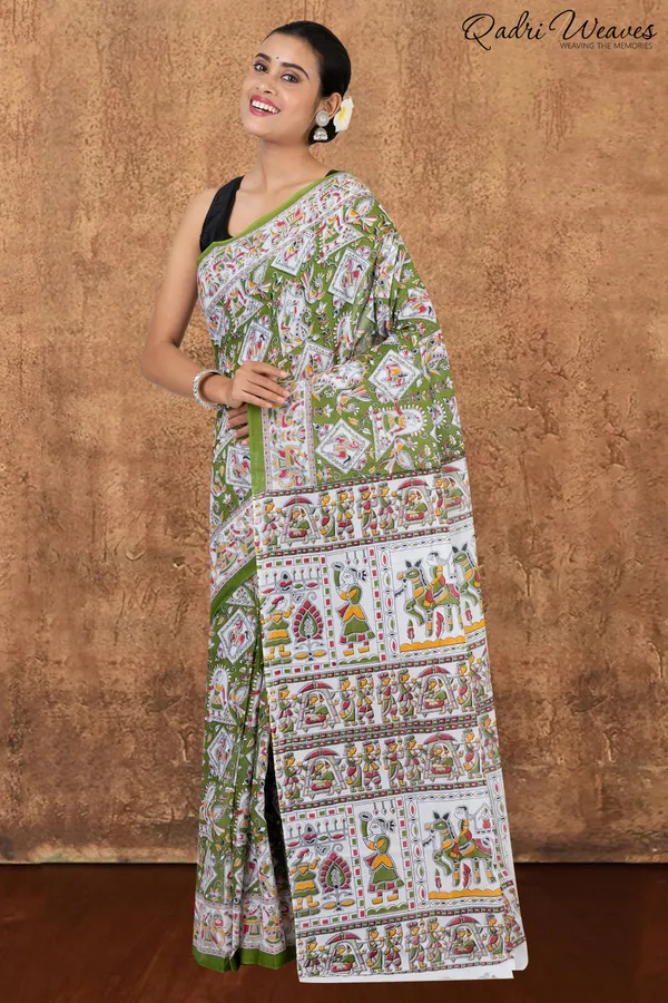 Printed_Sheen_Green_Indian_Procession_Design_Pure_Mulmul_Saree_With_Blouse