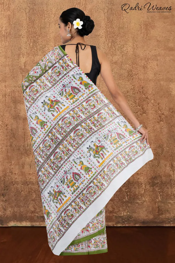 Printed_Sheen_Green_Indian_Procession_Design_Pure_Mulmul_Saree_With_Blouse