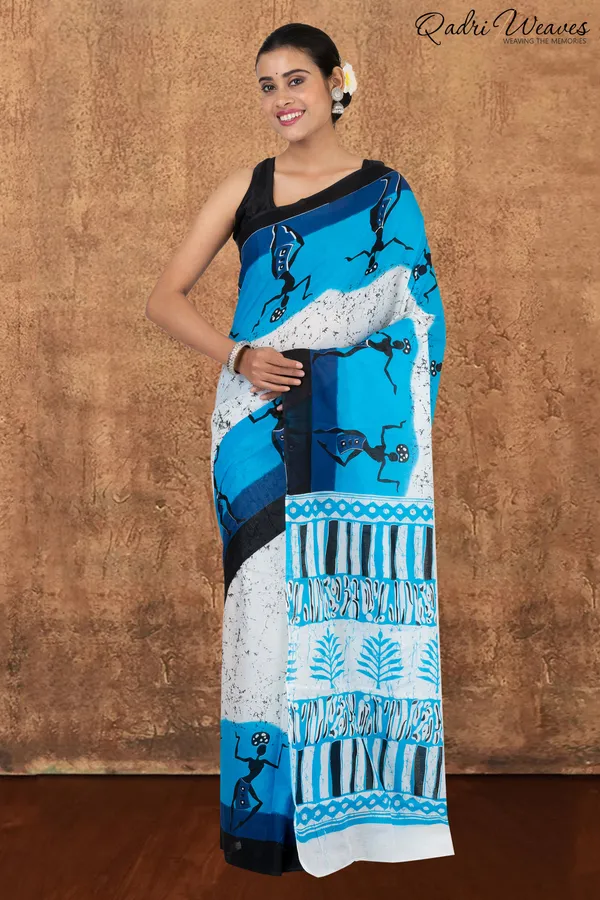 Printed_White_&_Blue_Pure_Mulmul_Cotton_Saree