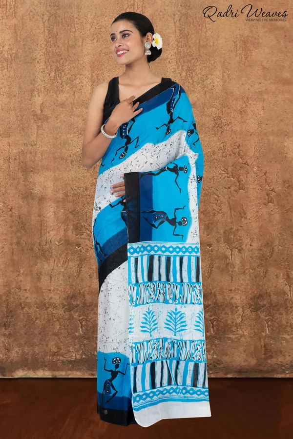 Printed_White_&_Blue_Pure_Mulmul_Cotton_Saree