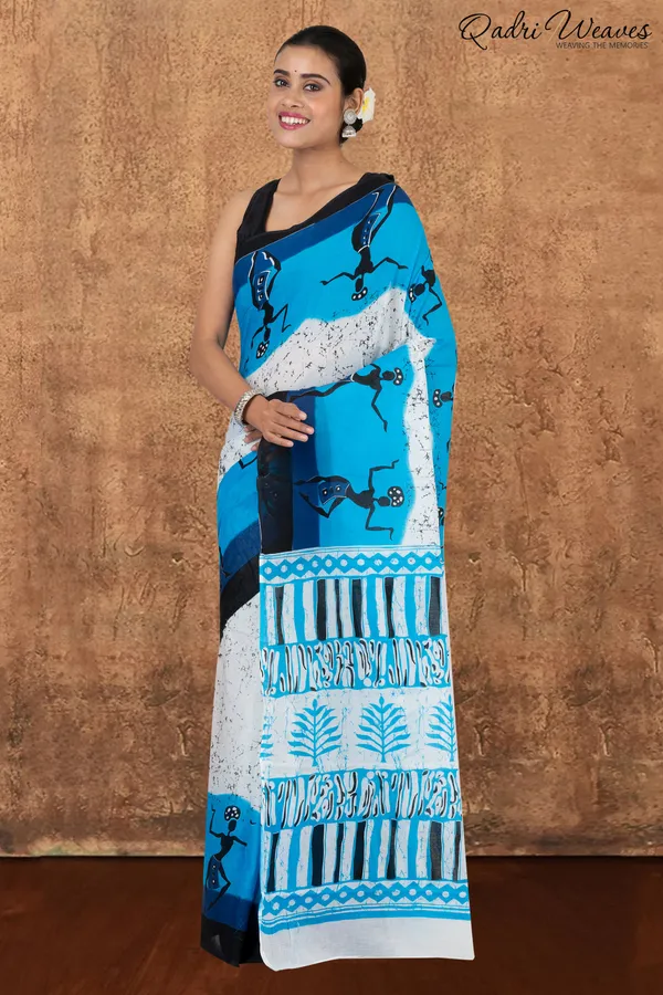 Printed_White_&_Blue_Pure_Mulmul_Cotton_Saree