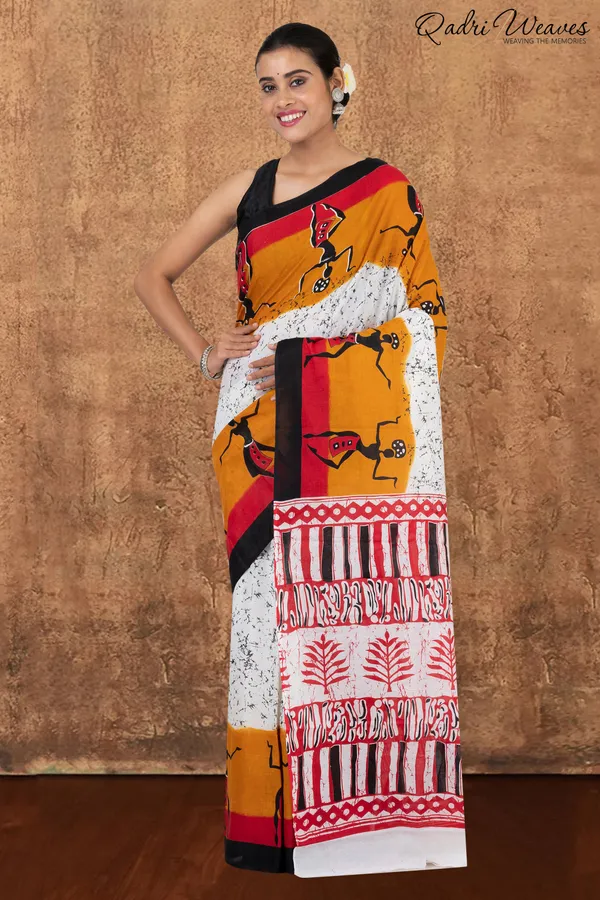 Printed_White_&_Mustard_Pure_Mulmul_Cotton_Saree