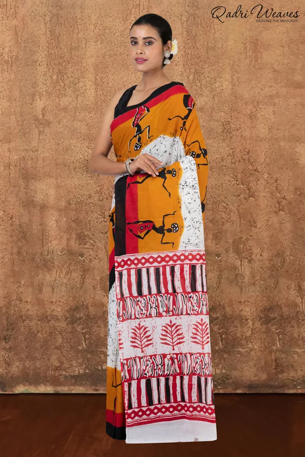 Printed_White_&_Mustard_Pure_Mulmul_Cotton_Saree