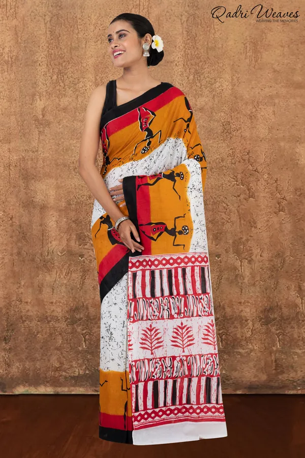 Printed_White_&_Mustard_Pure_Mulmul_Cotton_Saree