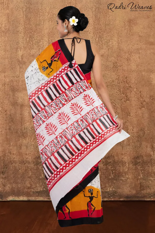 Printed_White_&_Mustard_Pure_Mulmul_Cotton_Saree