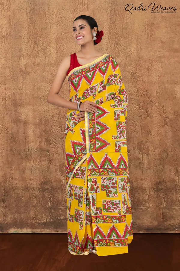 Printed_Yellow_Kalamkari_Design_Pure_Mulmul_Saree_With_Blouse