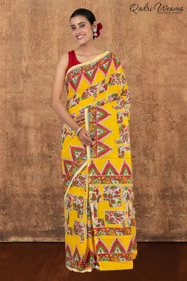 Printed_Yellow_Kalamkari_Design_Pure_Mulmul_Saree_With_Blouse
