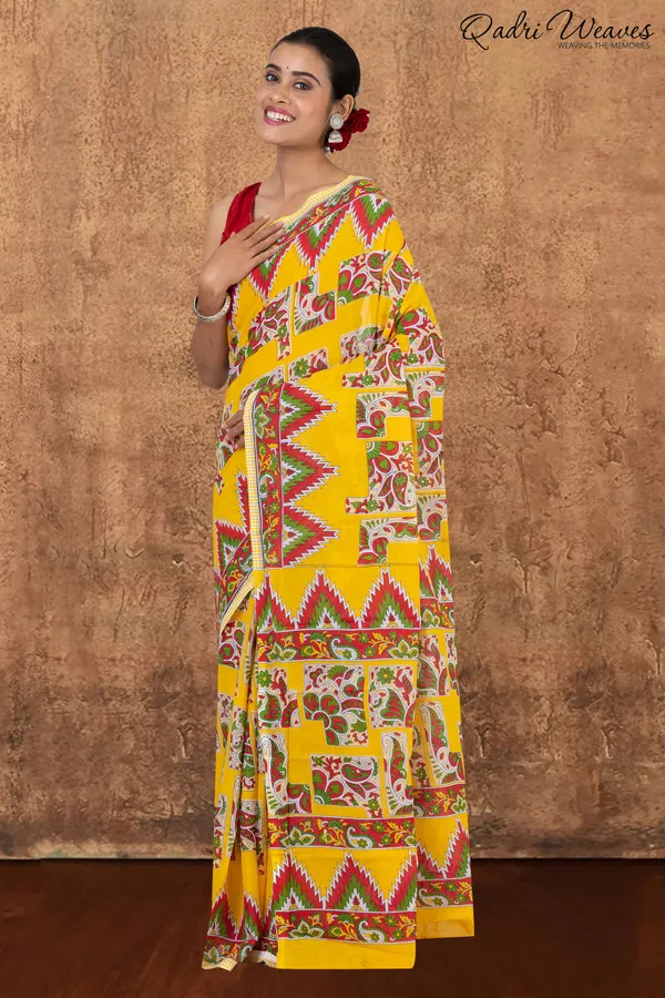 Printed_Yellow_Kalamkari_Design_Pure_Mulmul_Saree_With_Blouse