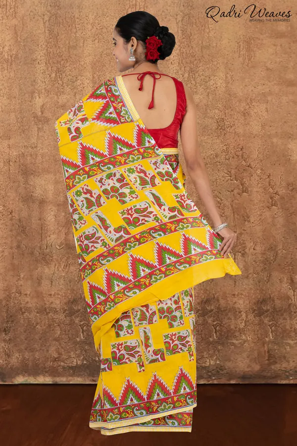 Printed_Yellow_Kalamkari_Design_Pure_Mulmul_Saree_With_Blouse