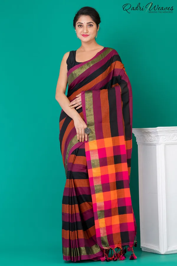 Purple_&_Mustard_Striped_Checkered_Pure_Cotton_Saree