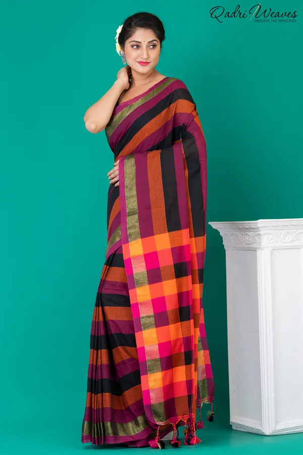 Purple_&_Mustard_Striped_Checkered_Pure_Cotton_Saree
