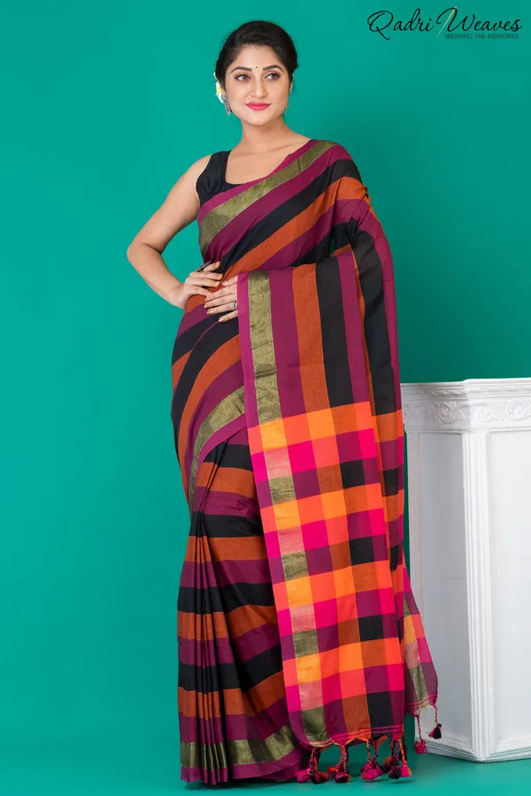 Purple_&_Mustard_Striped_Checkered_Pure_Cotton_Saree